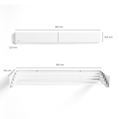 Estendal de parede branco com cinco varões e medidas indicadas