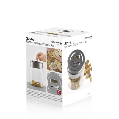 Embalagem de cofre digital transparente com visor digital e moedas