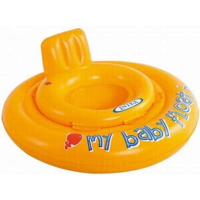 Flutuador infantil laranja com encosto e texto 'my baby float'