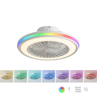 Ventoinha de teto branca redonda com luz LED e faixa RGB colorida