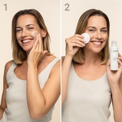 Mulher segurando hidratante 'INNOVATURE Moisturizer and skin care' e disco de algodão