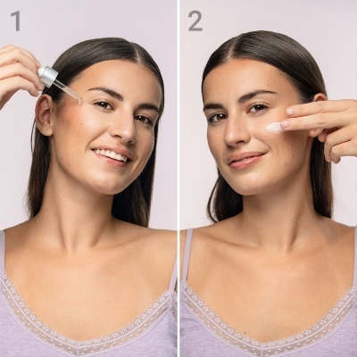 Mulher aplicando produto de cuidado facial em duas etapas