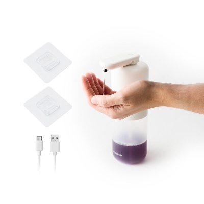 Dispenser automático branco com líquido roxo, fitas adesivas e cabo USB