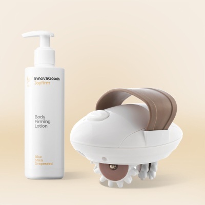 Loção firmadora corporal e massageador com rodas em fundo bege