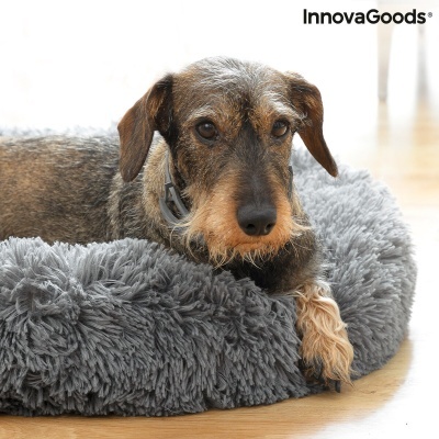 Cama redonda cinzenta para cães com pelo sintético e cão deitado