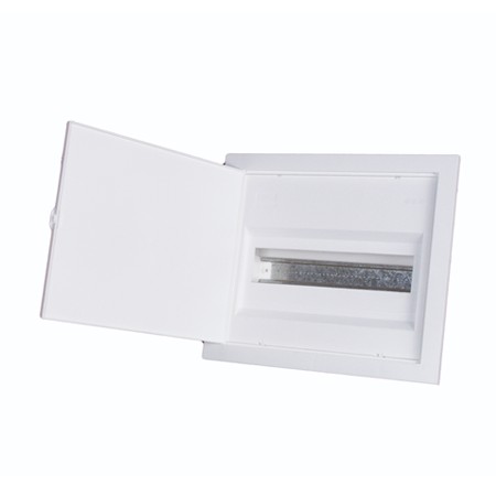 Caixa elétrica branca com porta aberta e painel interno