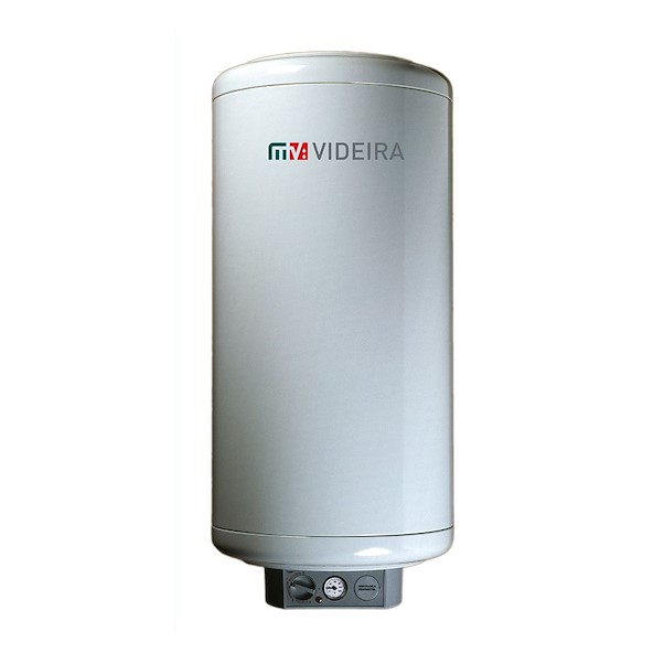 Termoacumulador branco cilíndrico com marca MOTa VIDEIRA e painel de controlo cinza