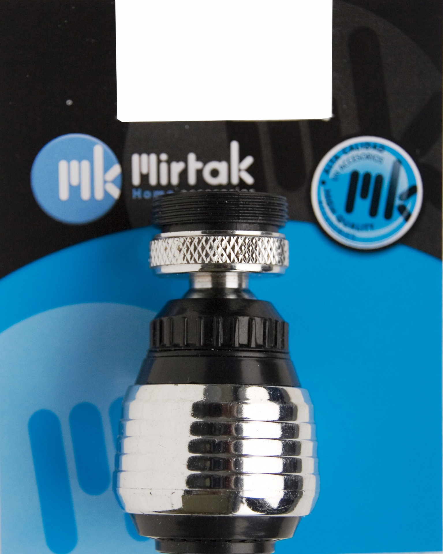 Acessório metálico cromado e preto com fundo azul e preto e logo Miirtak Home