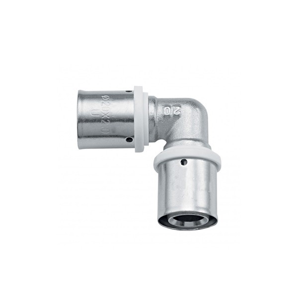 Conetor de metal cotovelo prateado com anéis brancos e marcações 20 e 16X20