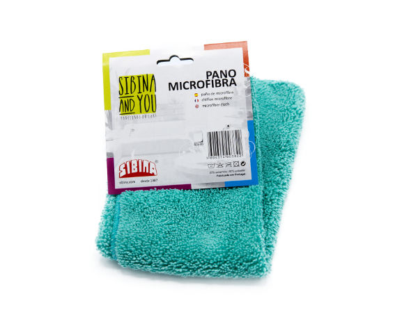 Pano de microfibra verde-água com etiqueta colorida