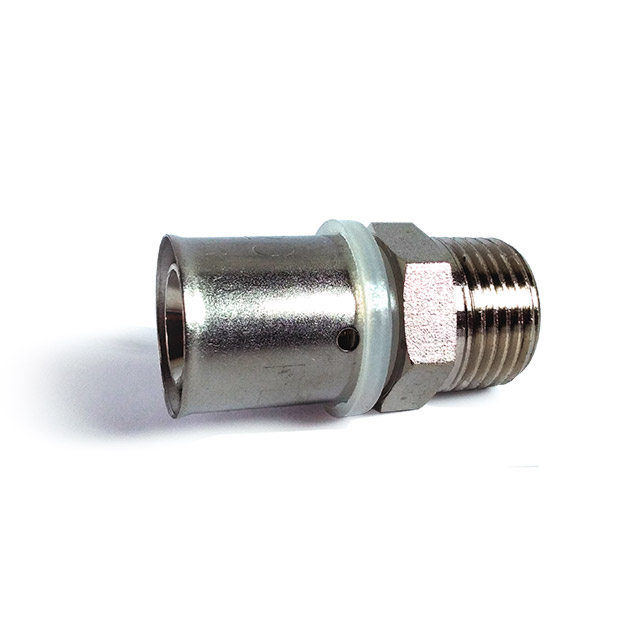 Conector metálico cilíndrico com parte roscada e anel branco