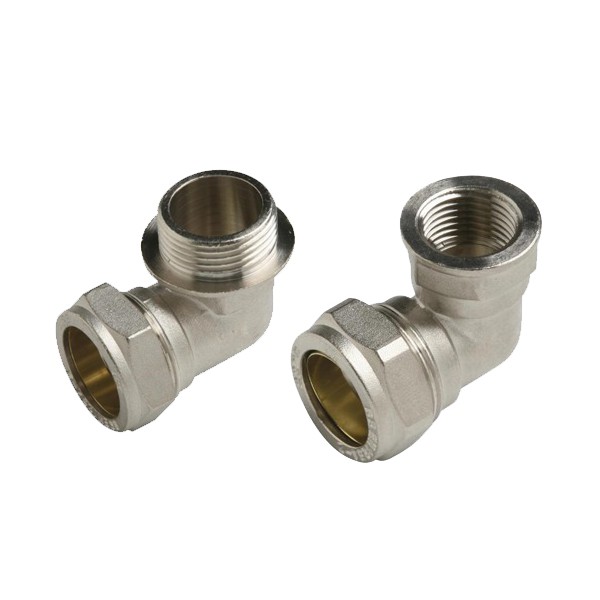 Dois cotovelos metálicos de ligação prateados com roscas