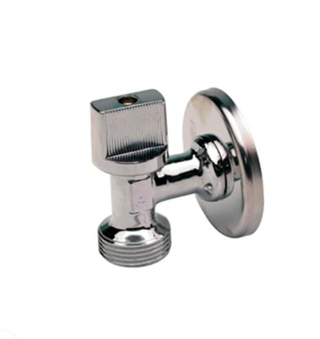 Válvula de ângulo metálica cromada com base circular e parte superior quadrada estriada