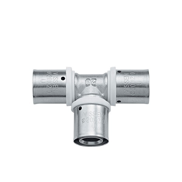 Conector em T prateado com anilhas brancas para canalização