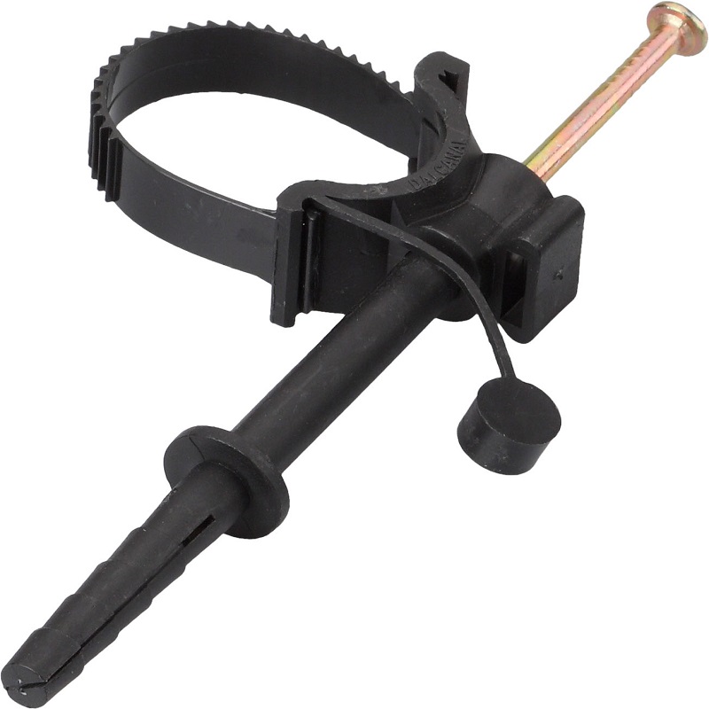 Abraçadeira de fixação preta com prego metálico dourado