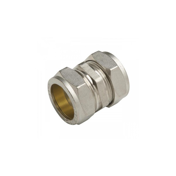 Conector metálico prateado com interior dourado para canalização