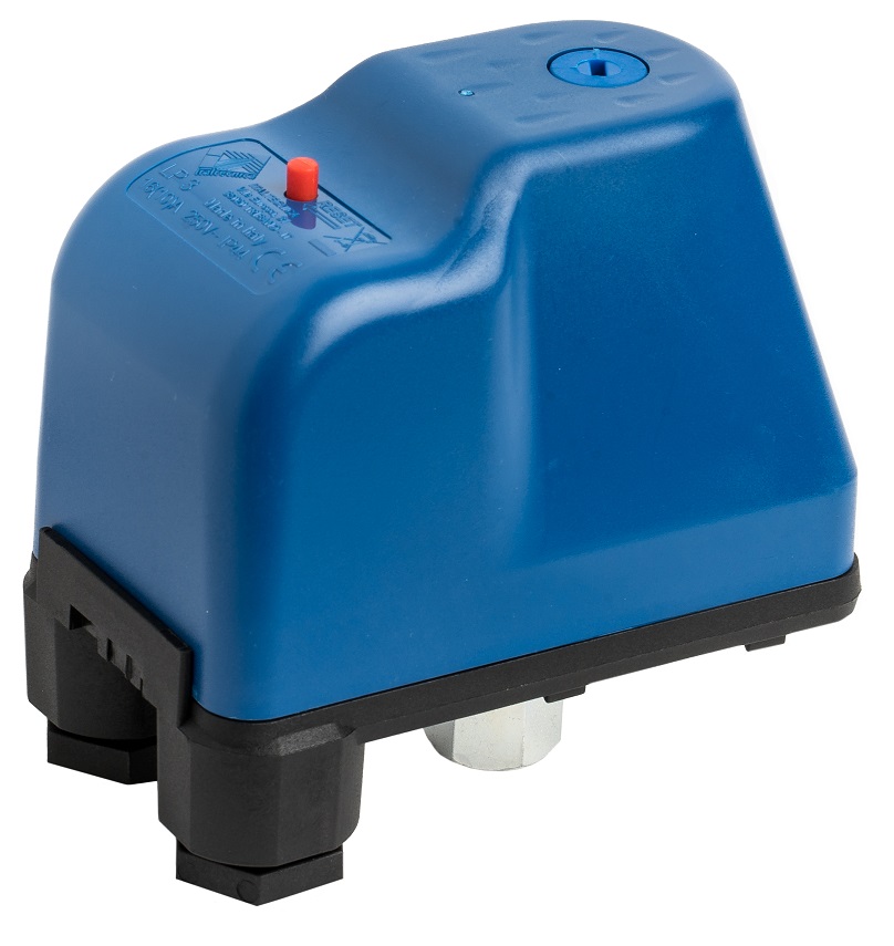 Interruptor de pressão azul com base preta e botão vermelho