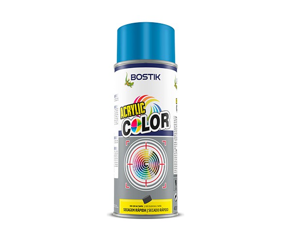 Spray de tinta acrílica Bostik com tampa azul e rótulo colorido