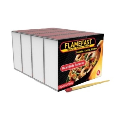 Caixa de fósforos Flamefast com design preto e vermelho e fósforo vermelho na frente