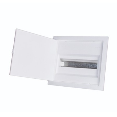 Caixa elétrica branca com porta aberta e painel interno