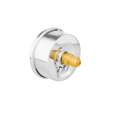 Manómetro metálico prateado com conector amarelo dourado