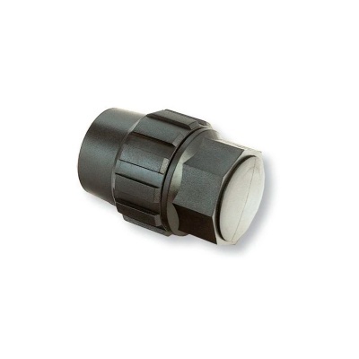 Conector plástico preto com tampa branca sobre fundo branco