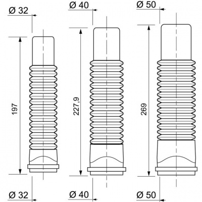 Desenho técnico de três peças cilíndricas com pregas e medidas em milímetros