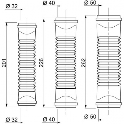 Desenho técnico de três tubos flexíveis com diferentes diâmetros e alturas