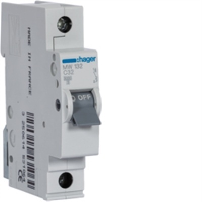 Disjuntor branco Hager MW132 C32 com interruptor cinzento OFF