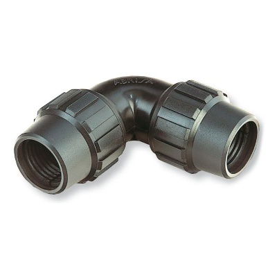 Conetor de ângulo preto em plástico com roscas e texto POLIYA