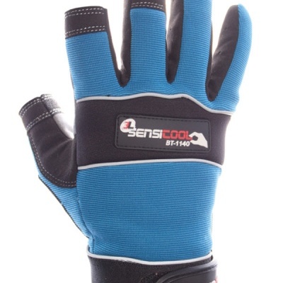 Luva de trabalho azul e preta com etiquetas e fecho de velcro