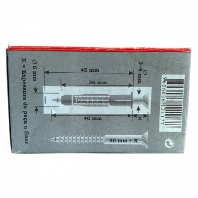 Caixa de buchas de plástico cinza com medidas e código de barras