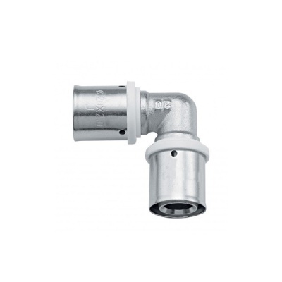 Conetor de metal cotovelo prateado com anéis brancos e marcações 20 e 16X20