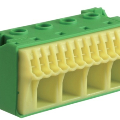 Conector elétrico plástico verde e amarelo com oito entradas