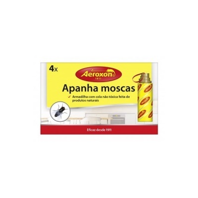 Embalagem amarela do Apanha Moscas Aeroxon com 4 unidades