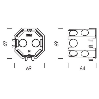Desenho técnico de caixa elétrica octogonal com dimensões e marcação CE