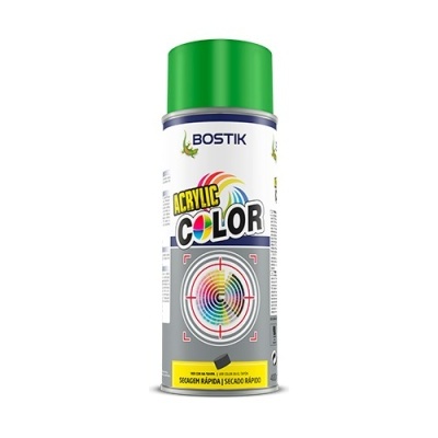 Spray de tinta acrílica Bostik com tampa verde e rótulo colorido