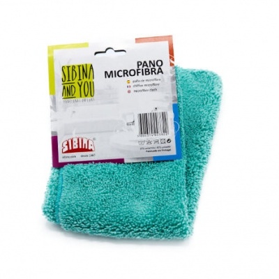 Pano de microfibra verde-água com etiqueta colorida