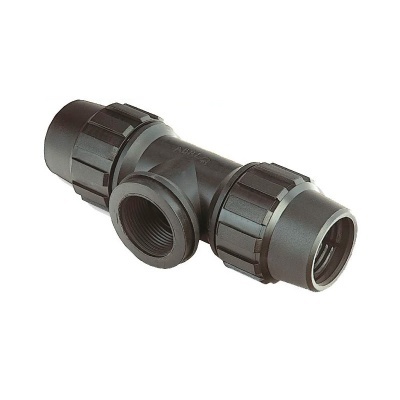 Tê de ligação para tubos em plástico preto com conexões roscadas cinza e preta