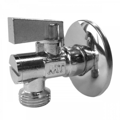 Válvula de ângulo metálica cromada com manípulo e chapa circular de suporte