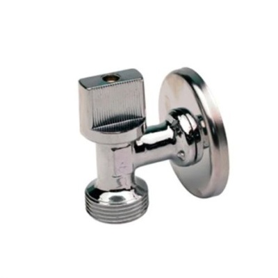 Válvula de ângulo metálica cromada com base circular e parte superior quadrada estriada