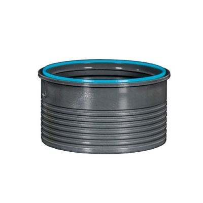 Recipiente plástico cinzento com borda azul e textura de nervuras horizontais