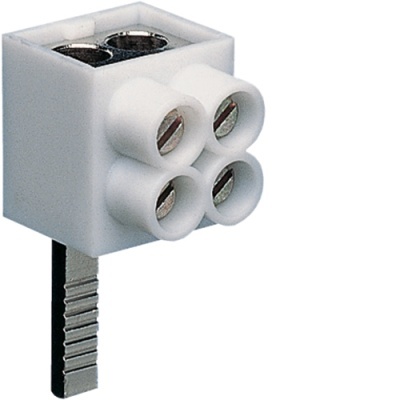 Conector elétrico branco com quatro orifícios e parafusos