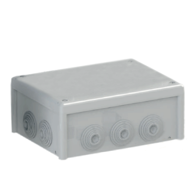 Caixa elétrica cinzenta com entradas circulares para cabos