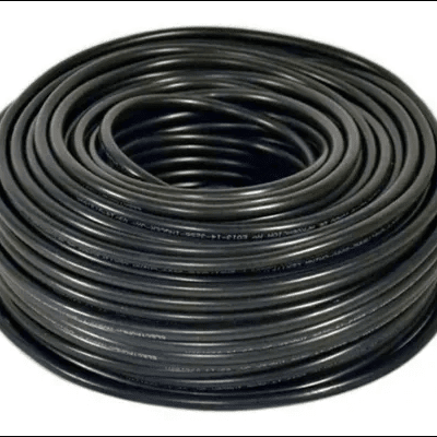 Rolo enrolado de cabo preto com texto branco impresso