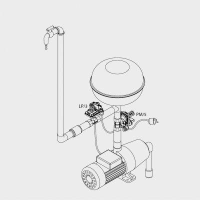 Sistema de bomba com motor, reservatório esférico e tubos conectados a uma torneira