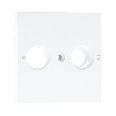 Placa branca para tomadas R e TV com duas entradas redondas e orifício central