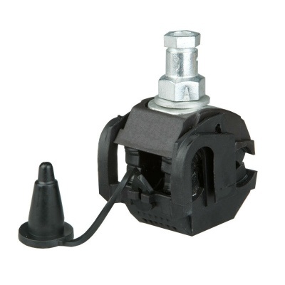 Conector elétrico preto com parafusos metálicos e tampa de borracha preta