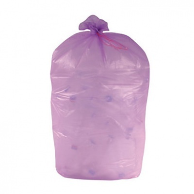 Saco de plástico roxo amarrado cheio