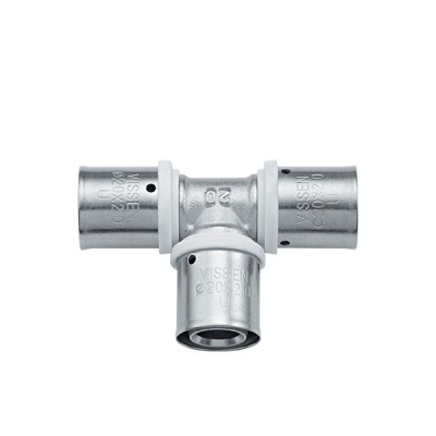 Conector em T prateado com anilhas brancas para canalização